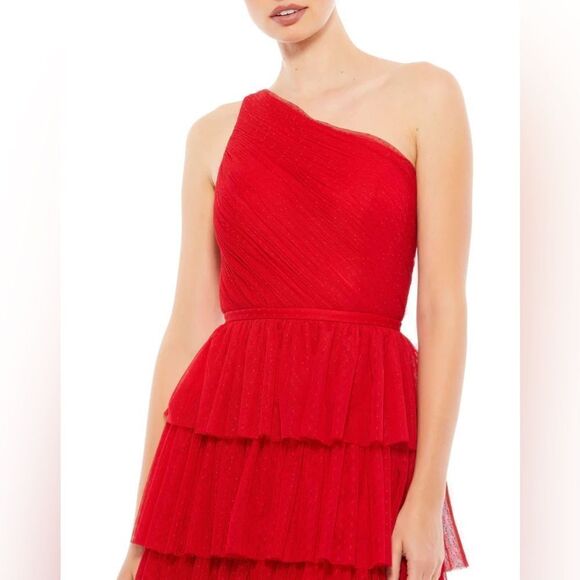 Mac Duggal One Shoulder Layered Tiered Tulle Gown Maxi Red NWT Size 16 - Picture 8 of 10